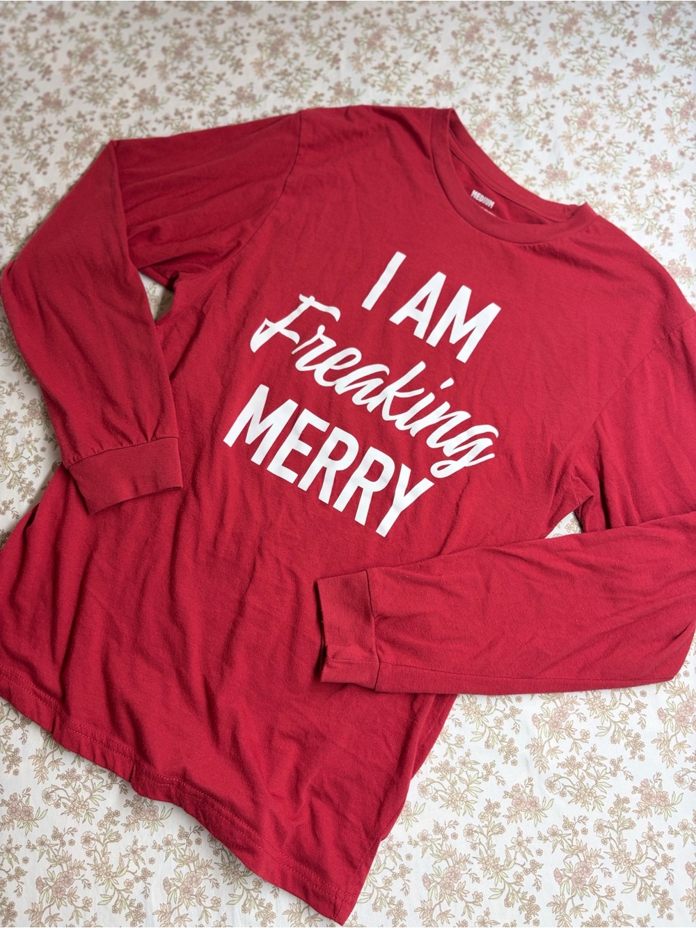 Red Holiday Graphic T-Shirt Long Sleeve “I Am Freaking Merry” Christmas Tee